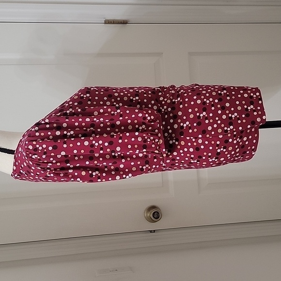 Nine West Size M Magenta Faux Wrap Blouse with Brown, Tan & White Polkadots, EUC - Picture 6 of 12